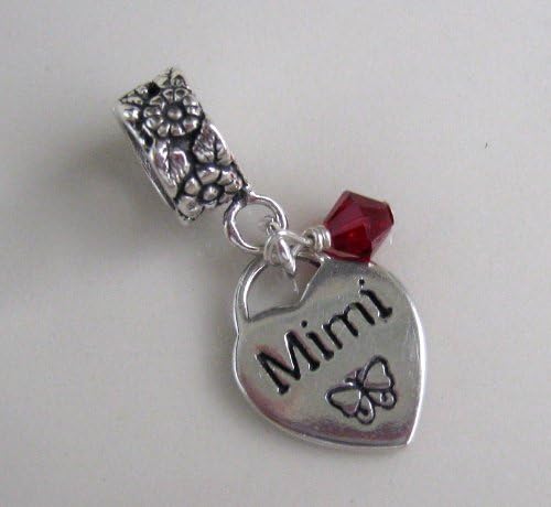 Mimi, Small Heart with Butterfly, Ruby Crystal, July Birthstone, Silver, European Charm Dangle Bead