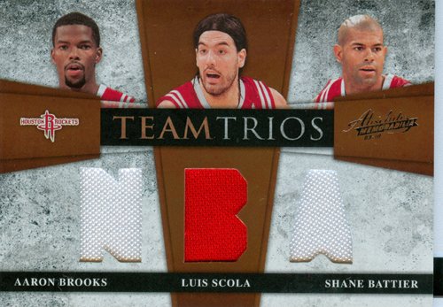 2010 Absolute Memorabilia Authentic Aaron Brooks, Luis Scola & Shane Battier Triple Game Worn Jersey Card