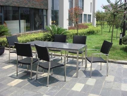 Granit Gartenmöbelset TORINO - Neuware, Tisch mit 6 bequemen Rattan Stühlen - XXL