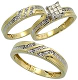 14k Yellow Gold Trio 3-Piece His (5mm) & Hers (4mm; 6mm) Wedding Band Set, w/ 0.47 Carat Brilliant Cut & Invisible-set Diamonds; (Men's Size 9 to 12; Ladies' Size 6 to 8)
