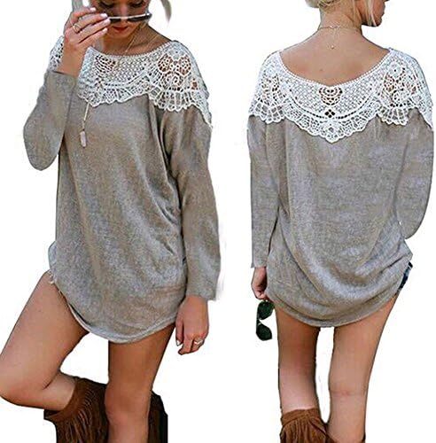 Innovateyfm Lace Neck Longsleeve Casual Light Gray Cotton T-shirt Blouse Tops Tees