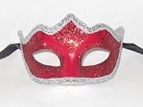 Red and Silver Colombina Punta Lara Venetian Mask
