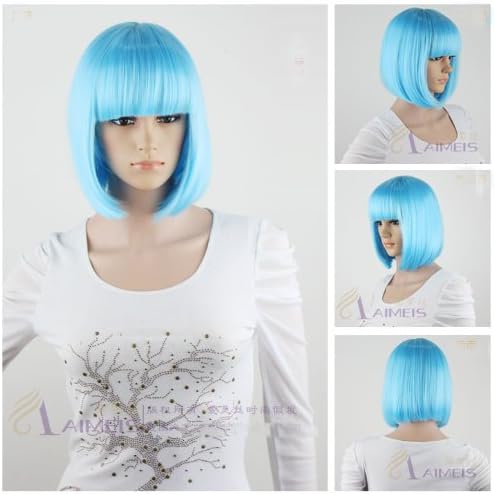 New Cosplay Party 9 Color Bob Short Hair Women Full Straight Wigs Heat Resistant (Light Blue)