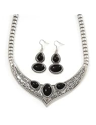 Ethnic Burn Silver Hammered, Black Ceramic Stone Necklace With T-Bar Closure & Drop Earrings Set - 40cm Length