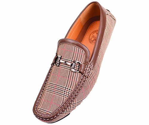 Amali Mens Classic Tan Glen Plaid Print With Smooth Brown Trim Driving Moccasin Loafer