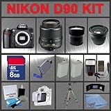 Nikon D90 SLR Digital Camera with 18 55mm VR Lens  Huge Accessories Package Including Wide Angle Macro Lens  Telephoto Lens  8gb SDHC Memory Card  Hi Speed SD Card Reader  Digital Flash  2x Extended Life Batteries  AC DC Charger  Tripod  LCD Lens Cleaner Kit  LCD Screen Protectors  Memory Card Wallet  Cleaning Cloth