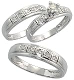 14k White Gold Trio 3-Piece His (5mm) & Hers (5mm; 5mm) Wedding Band Set, w/ 0.29 Carat Brilliant Cut Diamonds; (Men's Size 9 to 12; Ladies' Size 6 to 8)