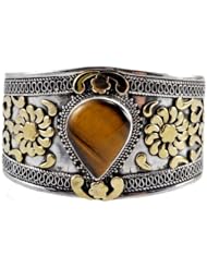 Exquisite Tibetan Sterling Silver Tiger Eye Gold Flower Wide Bracelet