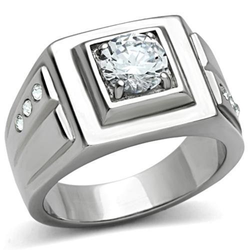 Men's 316L Stainless Steel Round Cubic Zirconia Solitaire Wedding Band Ring