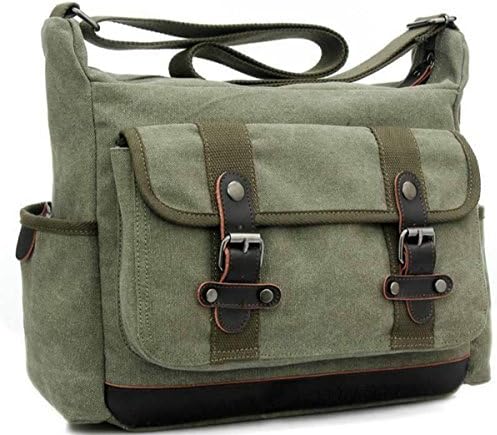 Xiebag Vintage Canvas Leather laptop Messenger Bag Traveling Briefcase Shoulder Bag With Two Buckles - Army Green