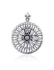 925 Sterling Silver Round Compass Rose, Windrose, w/ Fleur-de-Lis Pendant