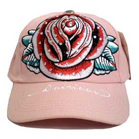 Tattoo Hat ~ Designer Red Rose Flower Tattoo Art Pink Baseball Cap With Embroidery and Rhinestone Crystals; Great Gift Idea for Men, Women, and Teens. (Unisex Hat)