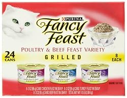 Fancy Feast Gourmet Cat Food, 3-Flavor Grilled Variety Pack (Beef, Turkey & Chicken), 3-Ounce Cans (Pack of 24)