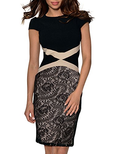 Miusol Women Floral Lace Cap Sleeve Optical Illusion Slim Evening Cocktail Dress