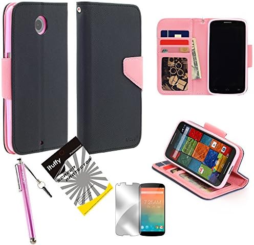 3 items Combo: ITUFFY (TM) LCD Screen Protector Film + Stylus Pen + MultiFunction 2-Tone Portfolio Leather Wallet with Inner Soft TPU Rubber Skin &amp; ID Card Slots with Lanyard and Magnetic closure for Motorola Google Nexus 6 (6.0" Screen Size) (Black - Light Pink)