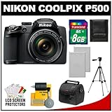 Nikon Coolpix P500 12.1 MP Digital Camera (Black) with 8GB Card + (2) Batte ....