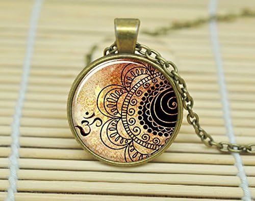ArtShop Om Necklace Henna Design Yoga Jewelry Om Charm Silver Plate Glass Cabochon Necklace A0450
