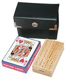 3 3/4 inch TRAVEL CRIBBAGE SET with cards in brown leatherette case