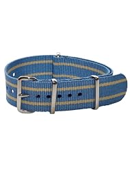 22mm Classic SS Nylon Striped Sky Blue / Khaki - Easily Interchangeable Replacement Military Watch Strap / Band - Fits All Watches!!!