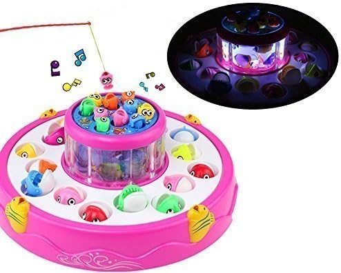 FocuSun Child Educational Electric Rotating Magnetic Fishing Game Playset Toys Double Fish Pool with the Music & Light, Kid's Gift, Pink