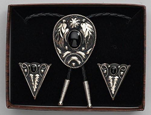 Bolo Tie &amp; Collar Tip Boxed Set German Silver &amp; Black Onyx Stone