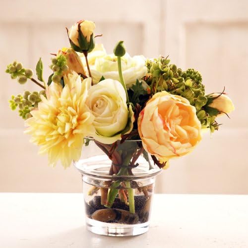Rose and Ranunculus in Glass 10 in. yellow green