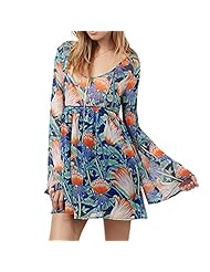 Scoop Neck Floral Print Tropical Print Polyester Long Sleeves Lace  Dress