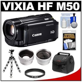 Canon Vixia HF M50 Flash Memory 1080p HD Digital Video Camcorder with Wide Angle & Telephoto Lenses + Flex Tripod + Case + Accessory Kit