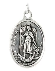 Sterling Silver Saint Raphael Medal Charm 1 X 5/8 inch (24 mm X 16 mm).