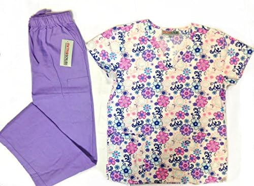 Women's Printed Scrub Sets Top & Pant Sizes XS S M L XL 2XL Multiple Prints Nursing (M, Floral Top Lavender Pant)