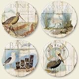 Wetland Shorebirds Round Assorted Tumbled Stone Coaster Set of 4, Highland Graphics