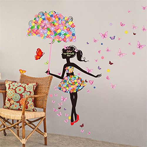 Colorful Art Designed Fashion Girl Sketch Wall Sticker For House Parlor / Living Room / Office Decal Umbralla
