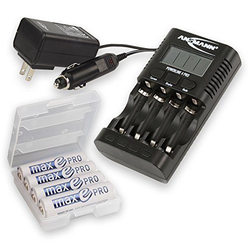 ANSMANN Powerline 4 Pro Battery Charger with Display Capacity Test & Discharge function for AAA/AA/USB + 4-Pack MaxE Pro AA