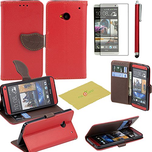 Fulland Wallet Card Holder PU Leather Pouch Flip Leaf Style Case Cover with Stand for HTC One M7 Plus Stylus Pen and Screen Protector-Red