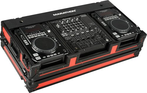 Marathon Flight Ready MA-CDi12Wblkred Red - Black Series - Coffin Holds 2X Medium Format CD Players + 12-Inch Mixer with Low Profile Wheels