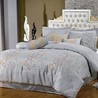Linen Silver Full size Luxury 11 piece Comforter set includes Comforter, sheets, skirt, Throw Pillows, Pillow Shams by Royal Hotel