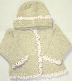 Ck31, Knitted on Hand Knitting Machine Beige Chenille Trimmed By Hand Crochet with Pink Chenille Ruffle Girls Cardigan Hat Set