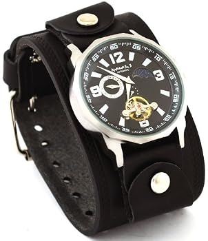 Nemesis #KIN010K Men's Wide Leather Cuff Band Automatic Sun Moon Display Watch