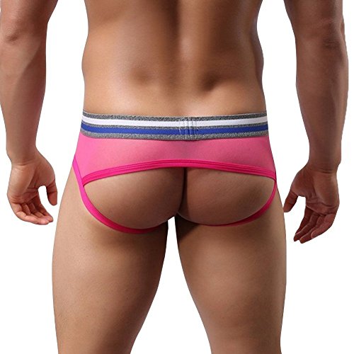 YiZYiF Sexy Men's Underwear Mesh Open Butt Briefs Jockstrap Bikinis Panty Hot Pink Large