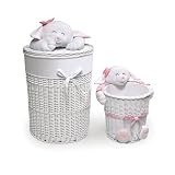 Badger Basket Company Hamper and Wastebasket Set with Smile Plush Animal in White