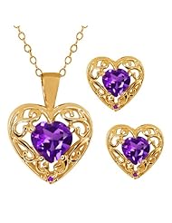 1.57 Ct Heart Shape Purple Amethyst 18k Yellow Gold Pendant Earrings Set