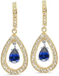 Pear Shaped Diamond Earrings In 18K White Gold With A 0.75 ct. Genuine Blue Sapphire Center Stone.
