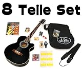 Produkt-Bild: 8 Teile Set Elektro Akustik Westerngitarre schwarz mit 5 Band EQ Pickup / Tonabnehmer und Zubeh&ouml;rset: gepolsterte Tasche, Gurt, Ersatzsaiten, digitales LCD Stimmger&auml;t, Alice Extra Light Ersatzsaiten und Anf&auml;ngerkurs als Buch und CD
