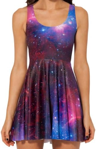 Women Sexy Pleated Knee-length Galaxy Raven Reversible Skater Dress (M)