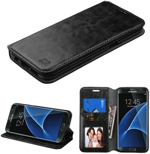 for Samsung Galaxy S7 Edge Leather Flip Wallet Book Style Pouch Folio Case Cover Stand with Credit Card Slots & Disinfecting Alcohol Pad V|3 (Black)