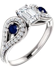 Platinum Emerald Cut Diamond and Sapphire Ring -- LIFETIME WARRANTY