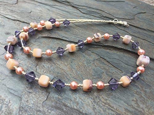 Light Purple and Light Orange Glass Bead Necklace with Silver and White Accent Colors