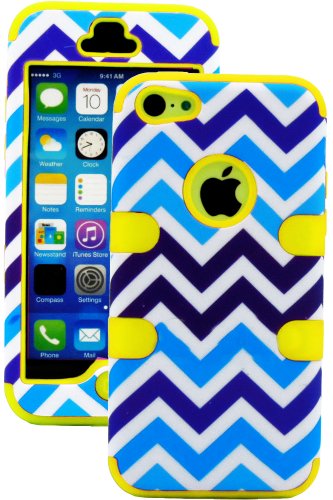 myLife True Yellow + Blue and White Chevron 3 Layer (Hybrid Flex Gel) Grip Case for New Apple iPhone 5C Touch Phone (External 2 Piece Full Body Defender Armor Rubberized Shell + Internal Gel Fit Silicone Flex Protector) "Attention: This case comes grip easy smooth silicone that slides in to your pocket easily yet won't slip out of your hand"