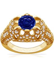 18K Yellow Gold Round Cut Blue Sapphire Fana Designer Ring