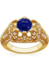 18K Yellow Gold Round Cut Blue Sapphire Fana Designer Ring
